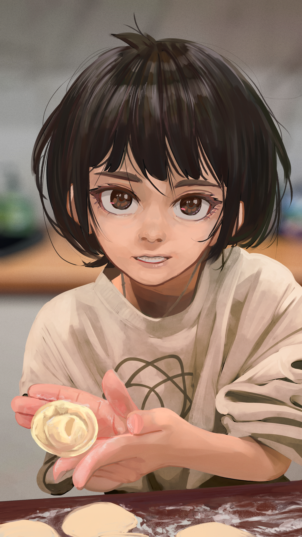 1girl black_hair blurry blurry_background bob_cut brown_eyes brown_shirt casual commentary cooking counter depth_of_field dumpling flour food grin head_tilt highres holding holding_food ira_(servachok) jewelry kitchen lips loose_hair_strand messy_hair necklace nose original own_hands_together parted_lips russian_commentary servachok shirt short_hair sleeves_rolled_up smile solo sweater thick_eyebrows upper_body upturned_eyes