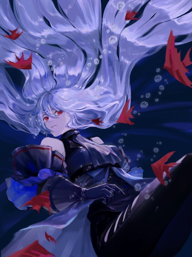 1girl air_bubble angelfish arknights arm_cuffs ascot bare_shoulders black_chaps black_gloves black_pants blue_background breasts bubble chaps clothing_cutout cowboy_shot detached_sleeves fish floating floating_hair gloves grey_ascot hair_between_eyes lips long_hair looking_at_viewer lying no_headwear pants qiangjitong red_eyes shirt simple_background sinking skadi_(arknights) skadi_(elite_ii)_(arknights) solo thigh_cutout tropical_fish underwater very_long_hair white_hair