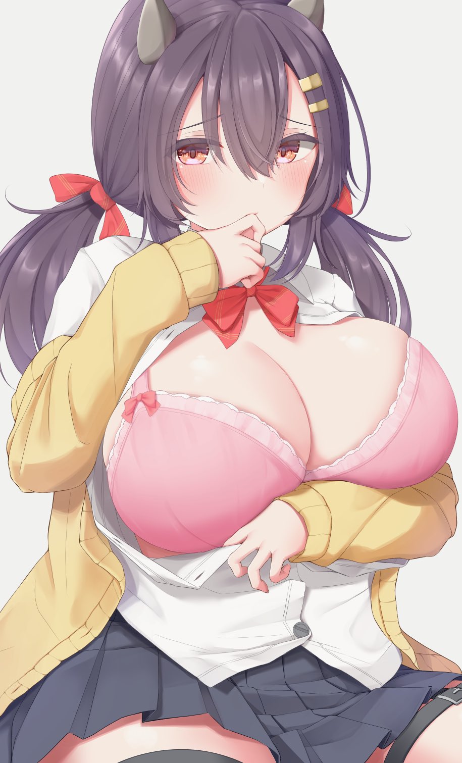 1girl arm_under_breasts azur_lane beige_cardigan black_hair black_skirt blouse blush bow bra breasts breasts_out cardigan cleavage cow_girl cow_horns embarrassed grey_background hair_between_eyes hair_bow hair_ornament hairclip highres horns huge_breasts long_hair looking_at_viewer miniskirt nagara_(azur_lane) open_cardigan open_clothes orange_eyes partially_unbuttoned pink_bra pleated_skirt red_bow school_uniform shirt simple_background sitting skirt sokona_(sosokona) solo thigh_strap twintails underwear white_shirt