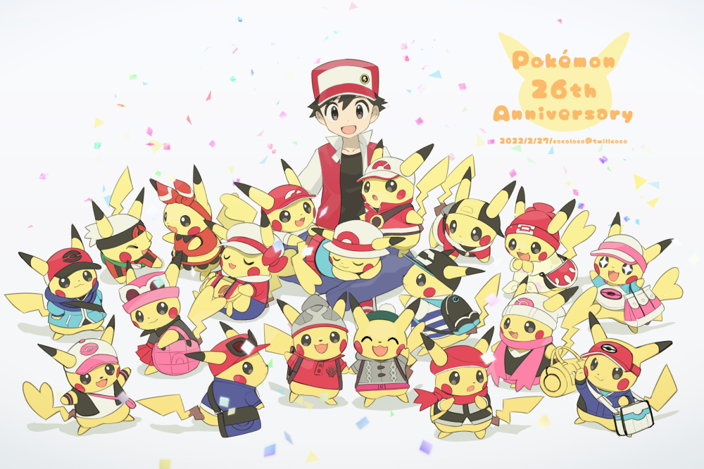 1boy :d anniversary black_hair brendan_(pokemon) brendan_(pokemon)_(cosplay) calem_(pokemon) calem_(pokemon)_(cosplay) chase_(pokemon) chase_(pokemon)_(cosplay) clothed_pokemon cocoloco commentary_request copyright_name cosplay dated dawn_(pokemon) dawn_(pokemon)_(cosplay) elaine_(pokemon) elaine_(pokemon)_(cosplay) elio_(pokemon) elio_(pokemon)_(cosplay) ethan_(pokemon) ethan_(pokemon)_(cosplay) gen_1_pokemon gloria_(pokemon) gloria_(pokemon)_(cosplay) hilbert_(pokemon) hilbert_(pokemon)_(cosplay) hilda_(pokemon) hilda_(pokemon)_(cosplay) jacket leaf_(pokemon) leaf_(pokemon)_(cosplay) lucas_(pokemon) lucas_(pokemon)_(cosplay) lyra_(pokemon) lyra_(pokemon)_(cosplay) male_focus may_(pokemon) may_(pokemon)_(cosplay) nate_(pokemon) nate_(pokemon)_(cosplay) nintendo open_clothes open_jacket open_mouth pants pikachu pokemon pokemon_bw pokemon_bw2 pokemon_dppt pokemon_frlg pokemon_hgss pokemon_lgpe pokemon_oras pokemon_rgby pokemon_sm pokemon_swsh pokemon_xy red_(pokemon) red_footwear rosa_(pokemon) rosa_(pokemon)_(cosplay) selene_(pokemon) selene_(pokemon)_(cosplay) serena_(pokemon) serena_(pokemon)_(cosplay) shirt shoes short_hair sitting smile spiked_hair victor_(pokemon) victor_(pokemon)_(cosplay)