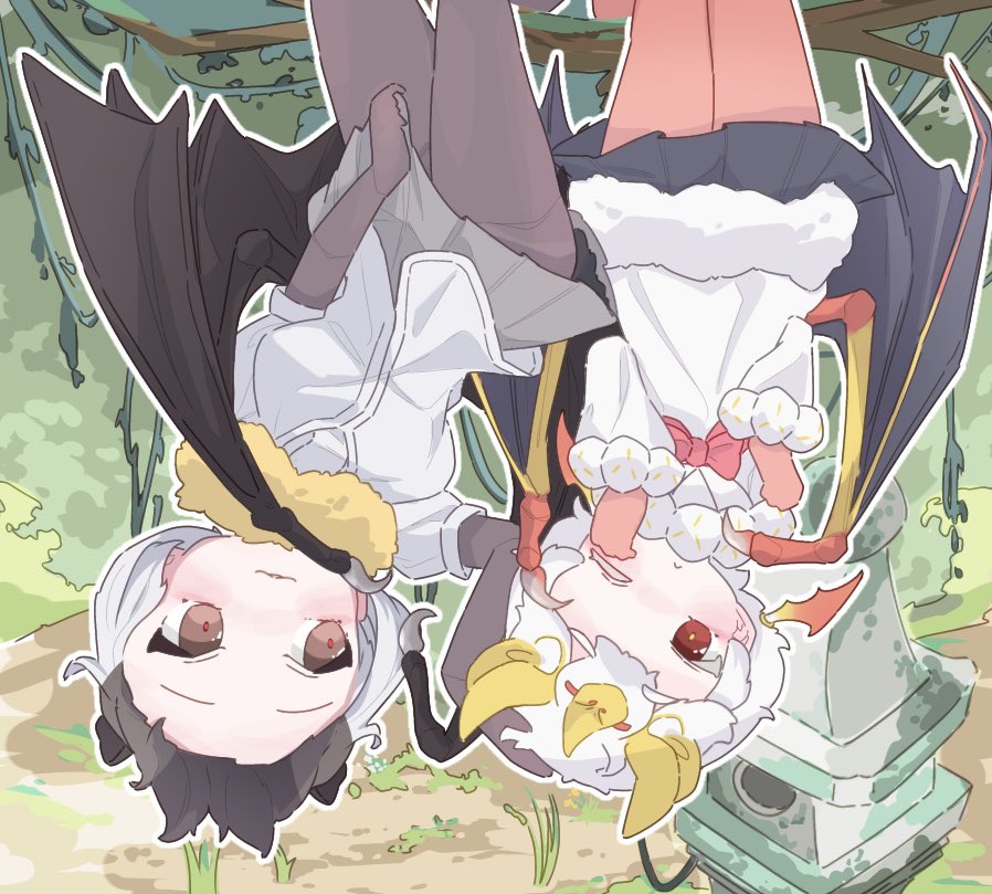 2girls animal_ears bat_ears bat_girl bat_wings black_pantyhose black_skirt blonde_hair blush bow bowtie daito_fruit_bat_(kemono_friends) fur_collar fur_trim grey_hair grey_shirt grey_skirt hair_between_eyes honduran_white_bat_(kemono_friends) kemono_friends kemono_friends_3 long_sleeves multicolored_hair multiple_girls one_eye_closed pantyhose pleated_skirt red_bow red_bowtie red_eyes red_pantyhose rubbing_eyes sarutori shirt short_hair short_sleeves skirt skirt_tug upside-down white_fur white_hair white_shirt wings yellow_fur