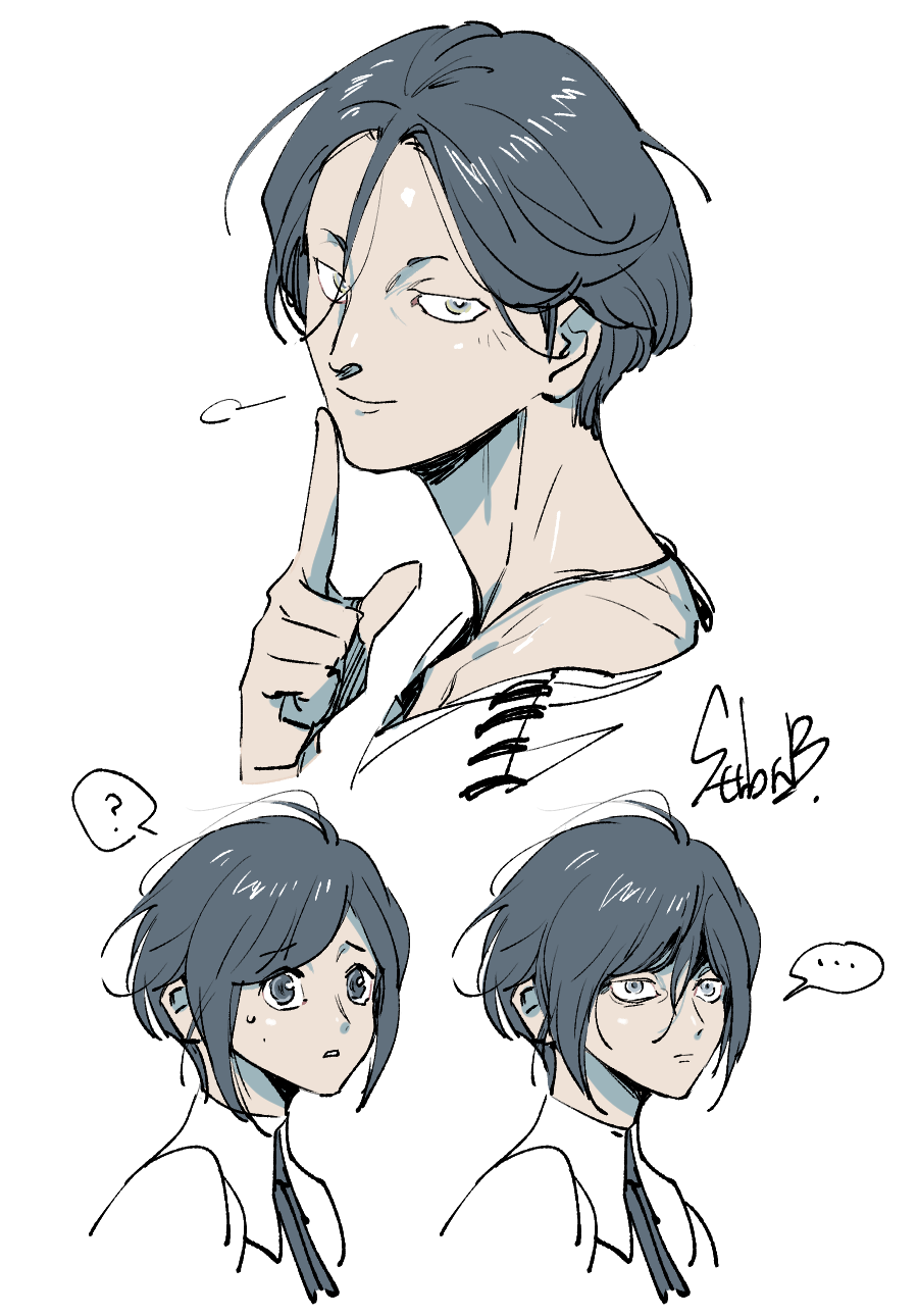 ... 1boy 2girls ? closed_mouth collared_shirt commentary_request finger_to_mouth fukurai_azami hair_between_eyes hand_up highres ichigo_beeru kisaragi_ayumi korean_commentary looking_at_viewer meguriya_ayumu multiple_girls protected_link shirt short_hair signature simple_background smile spoilers spoken_ellipsis spoken_question_mark toshi_densetsu_kaitai_center upper_body white_background