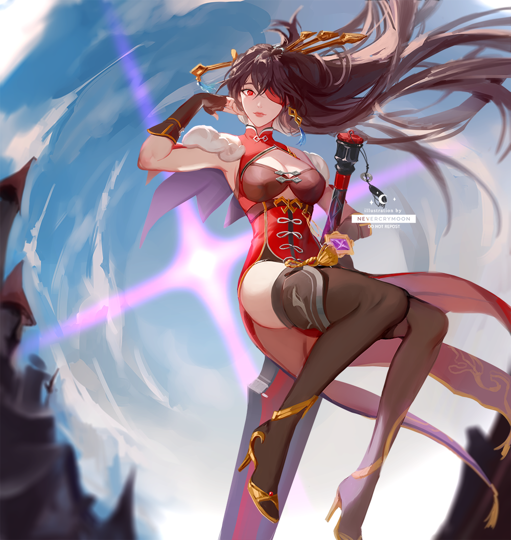 1girl armpits artist_name beidou_(genshin_impact) black_thighhighs blue_sky boots breasts capelet chinese_clothes claymore_(sword) cleavage cleavage_cutout clothing_cutout colored_eyepatch dress eyepatch fingerless_gloves fur_trim genshin_impact gloves hair_ornament hair_spread_out hair_stick hairpin high_heels large_breasts long_hair nevercrymoon one_eye_covered red_dress red_eyes sitting sky solo sword_between_thighs thigh_boots thighhighs vision_(genshin_impact)