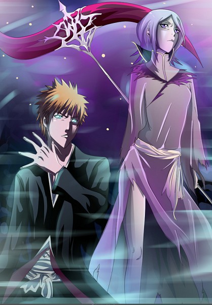1boy 1girl aqua_eyes bleach bleach:_fade_to_black dark_rukia japanese_clothes kuchiki_rukia kurosaki_ichigo orange_hair purple_eyes purple_hair scythe short_hair