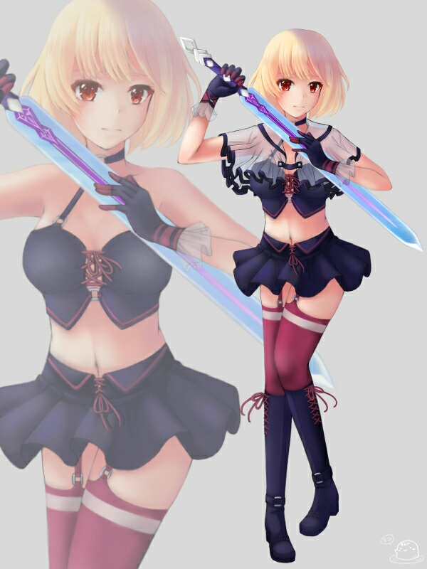 1girl black_boots black_gloves black_skirt blonde_hair boots breasts fantasy gloves holding holding_sword holding_weapon looking_at_viewer medium_breasts mini_dang01 navel original purple_thighhighs red_eyes short_hair skirt solo sword thighhighs thighs weapon zoom_layer