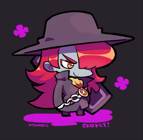 1boy arm_at_side ascot black_background black_coat black_hat blue_skin chain chibi chibi_only coat colored_skin copyright_name croket! fondde_veau full_body hair_over_one_eye hat holding_coffin kotorai long_hair looking_ahead male_focus no_nose red_hair signature smile solo standing yellow_ascot