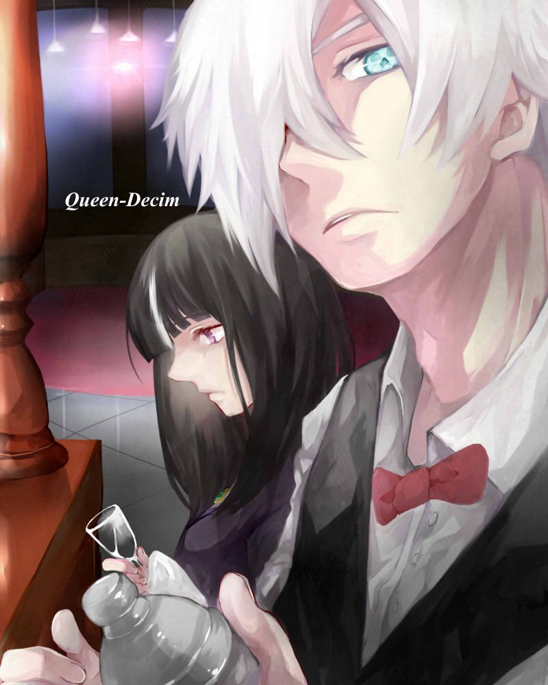 10s 1boy 1girl bar_(place) black_hair blue_eyes blunt_bangs chiyuki_(death_parade) death_parade decim_(death_parade) hair_over_one_eye kiiya_(torotti) kurokami_no_onna long_hair multicolored_hair short_hair two-tone_hair white_hair