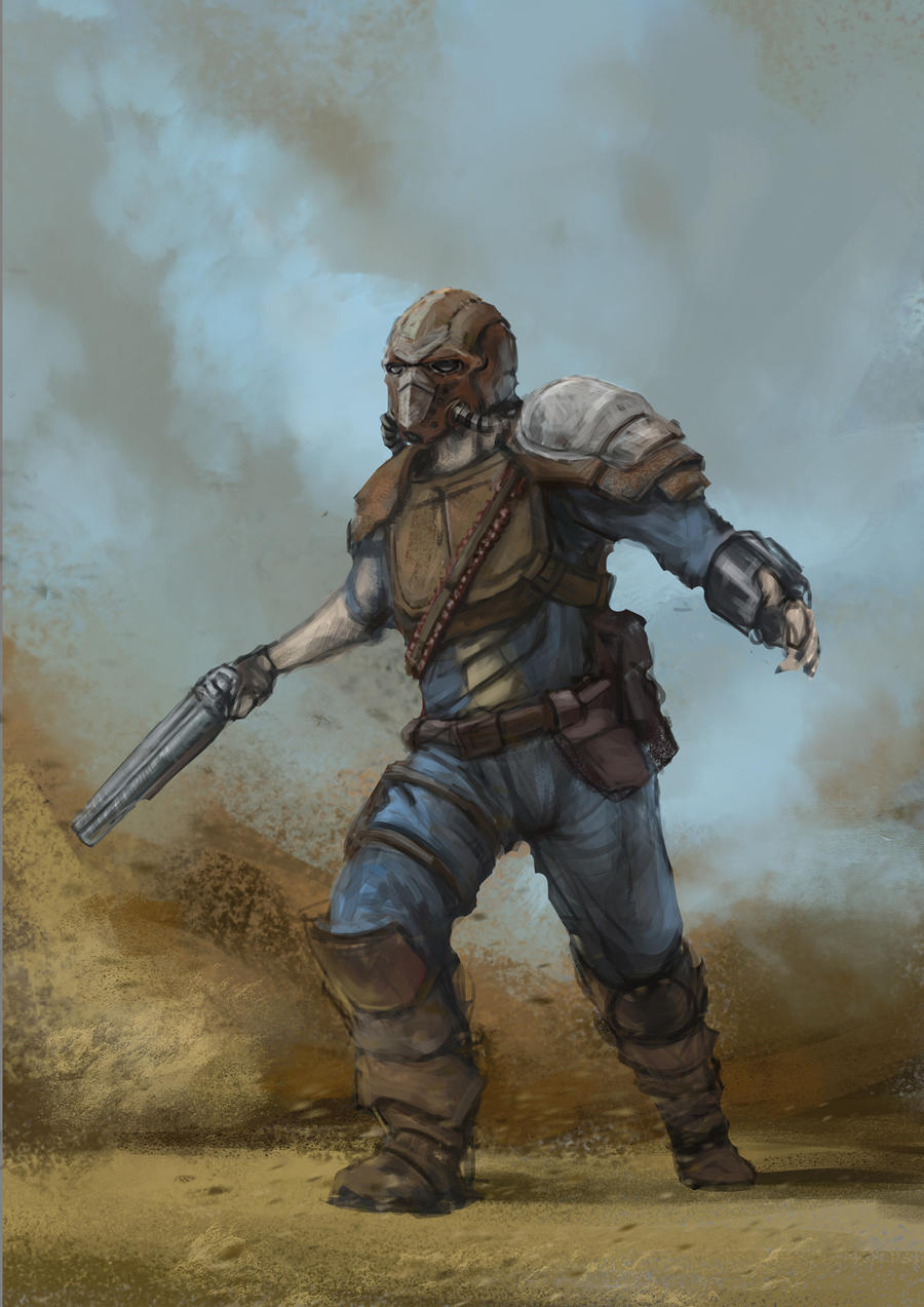 1boy armor bandolier belt boots dima_sokolov fallout fallout_3 gun helmet highres jumpsuit leather_armor lone_wanderer pip_boy pouch sawed-off_shotgun shotgun shotgun_shell torn_clothes weapon