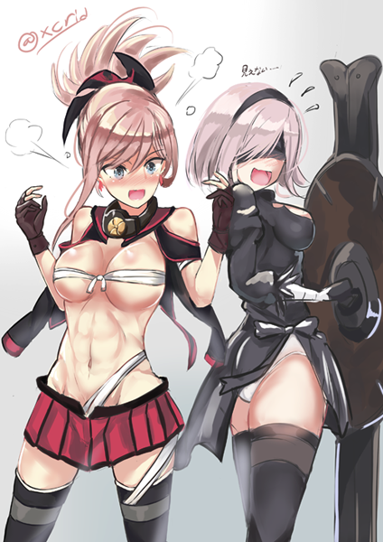 2girls abs alternate_costume black_legwear blue_eyes blush boots breasts cosplay fate/grand_order fate_(series) i.f.s.f kantai_collection large_breasts light_purple_hair long_hair mash_kyrielight medium_breasts miyamoto_musashi_(fate) multiple_girls musashi_(kancolle) musashi_(kancolle)_(cosplay) name_connection nier:automata nier_(series) open_mouth short_hair silver_hair thighhighs thighhighs_under_boots white_background 2b_(nier:automata) 2b_(nier:automata)_(cosplay)