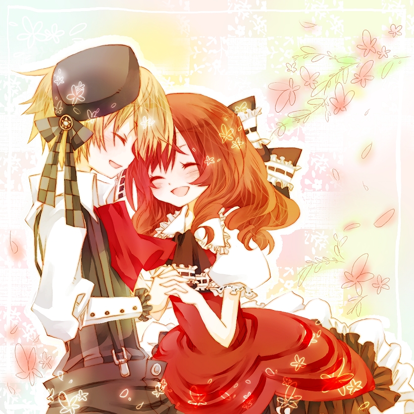 1boy 1girl amamiya_kabosu ascot beret blonde_hair bow brown_hair couple cousins ascot dress closed_eyes frills hair_ribbon holding_hands hat henrietta_grimm hetero long_hair red_dress ribbon rui_grimm smile zettai_meikyuu_grimm