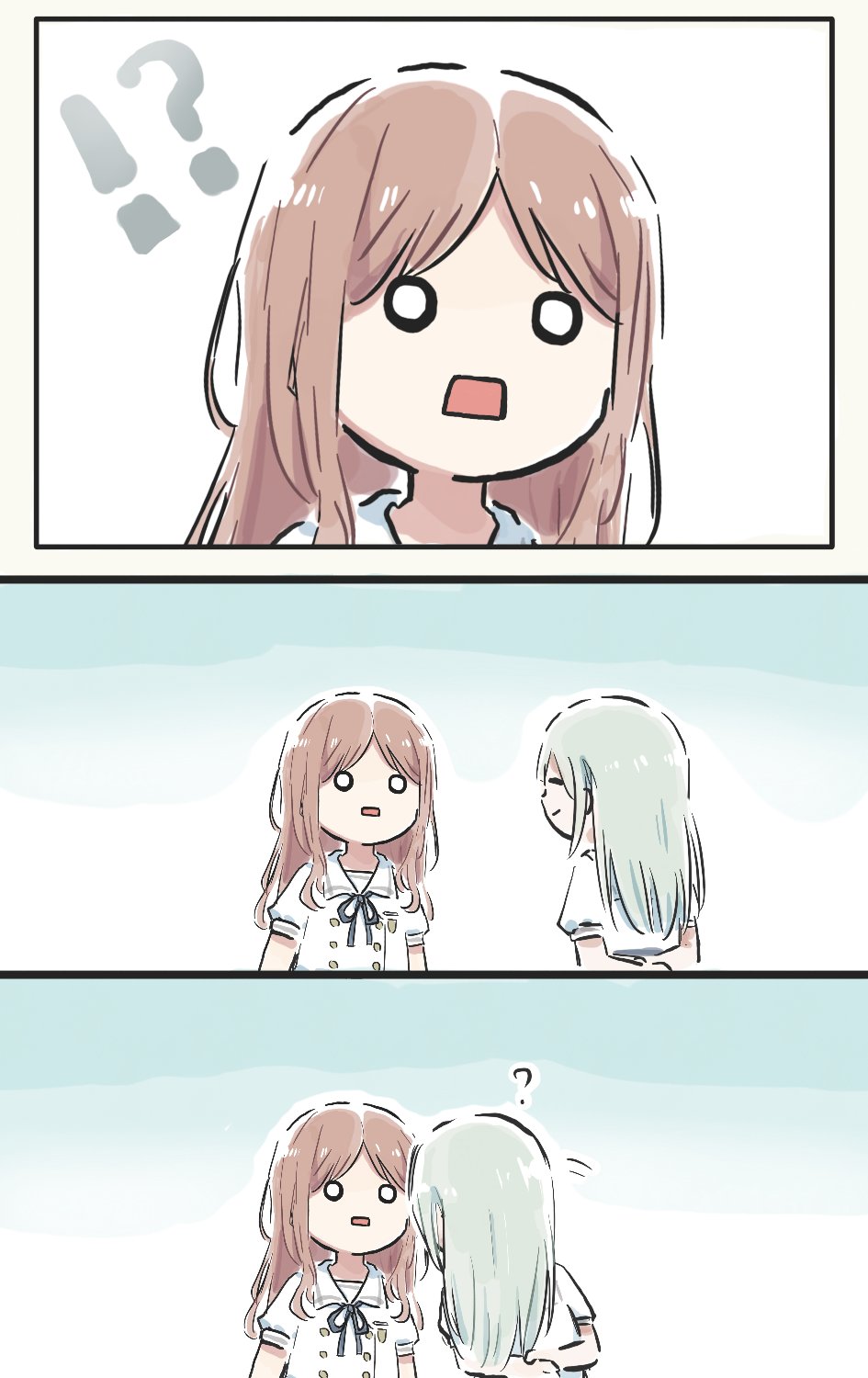 !? 2girls bang_dream! bang_dream!_it&#039;s_mygo!!!!! blue_ribbon brown_hair closed_eyes commentary_request frozen green_hair highres lyy mortis_(bang_dream!) mortis_(persona)_(bang_dream!) multiple_girls nagasaki_soyo neck_ribbon open_mouth ribbon school_uniform sidelocks smile surprised tsukinomori_school_uniform wakaba_mutsumi
