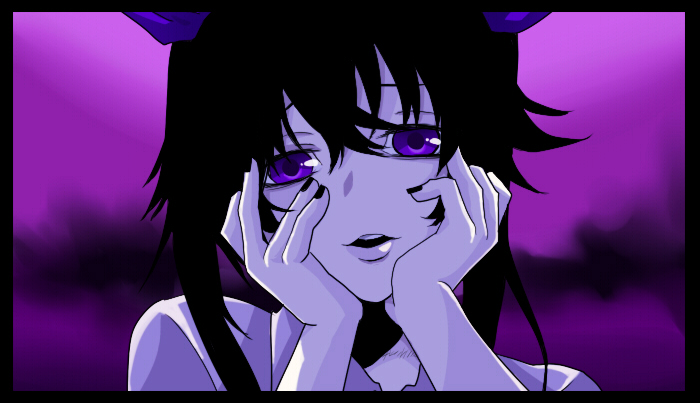 1girl black_hair female_focus hands_on_own_cheeks hands_on_own_face hata-tan_(rui_(hershe)) himekaidou_hatate mirai_nikki nail_polish parody purple_eyes rui_(hershe) solo touhou yandere yandere_trance