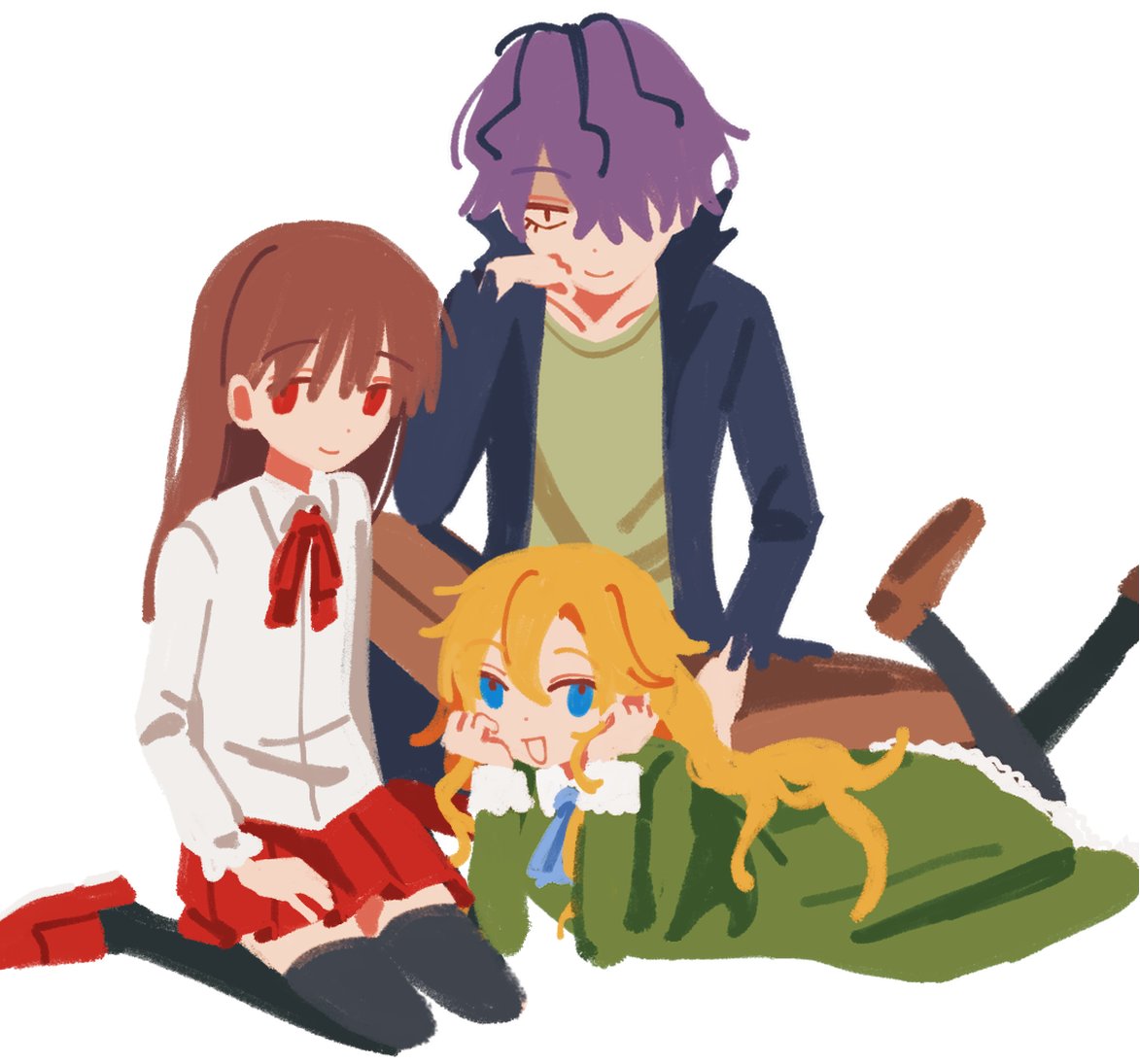 1boy 2girls ascot black_thighhighs blonde_hair blue_ascot blue_coat blue_eyes brown_hair brown_pants brown_shoes closed_mouth coat collared_shirt dress full_body garry_(ib) green_dress green_shirt hair_over_one_eye head_rest ib_(ib) ib_(kouri) loafers long_sleeves lying mary_(ib) medium_hair multiple_girls nabob on_stomach open_mouth pants purple_hair red_eyes red_shoes red_skirt shirt shoes simple_background sitting skirt smile thighhighs torn_clothes torn_coat white_background white_shirt