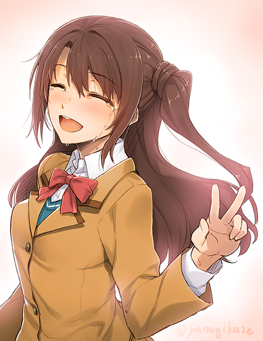10s 1girl :d bad_id bad_pixiv_id brown_hair closed_eyes female_focus idolmaster idolmaster_cinderella_girls long_hair open_mouth school_uniform shimamura_uzuki side_ponytail smile solo tears upper_body v yanagi_(tsukiakari)