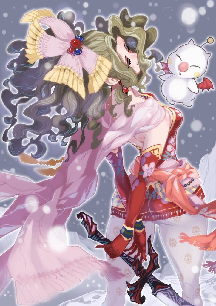 1girl ass bow breasts cape closed_eyes cowboy_shot creature detached_sleeves dress earrings elbow_gloves final_fantasy final_fantasy_vi gloves gold_trim green_hair grey_background hair_bobbles hair_bow hair_ornament holding holding_sword holding_weapon jewelry kuwango long_hair medium_breasts moogle pantyhose parted_bangs pink_cape ponytail print_pantyhose red_dress red_gloves red_sleeves sash short_dress solo strapless strapless_dress sword tina_branford tube_dress waist_sash wavy_hair weapon