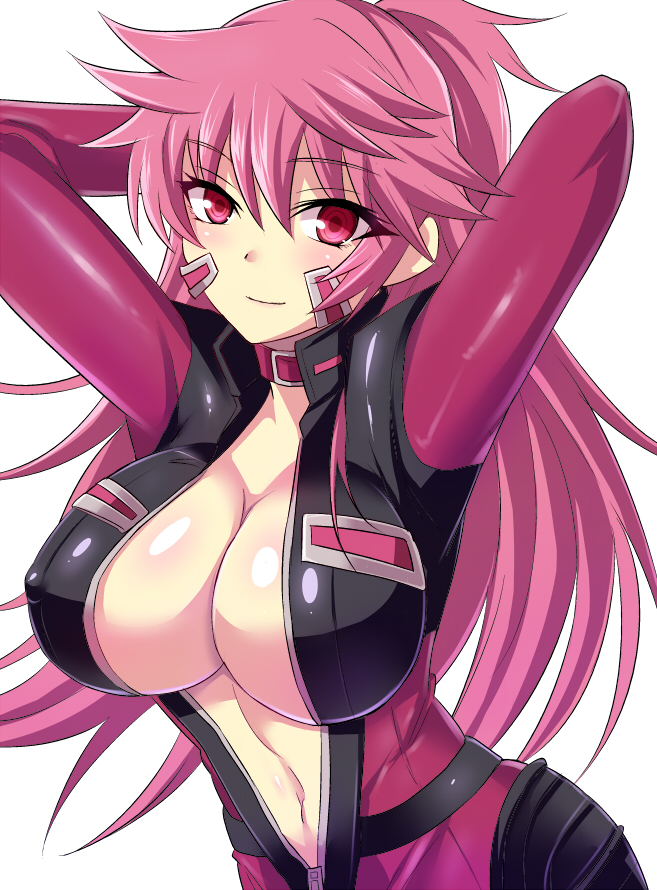 00s 1girl arms_behind_head black_bodysuit blush bodysuit breasts center_opening choker cleavage collar covered_erect_nipples dancouga_(series) female_focus full-length_zipper hidaka_aoi juusou_kikou_dancouga_nova large_breasts long_hair looking_at_viewer navel nishida_megane no_bra open_clothes pilot_suit pink_hair purple_bodysuit red_eyes simple_background smile solo standing unzipped upper_body white_background zipper