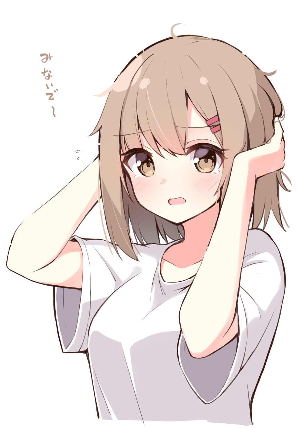 1girl blush breasts brown_eyes brown_hair childhood_friend_(ominaeshi) commentary_request flying_sweatdrops hair_between_eyes hair_ornament hairclip hands_up highres looking_at_viewer medium_breasts messy_hair ominaeshi_(takenoko) open_mouth original shirt short_sleeves simple_background solo translation_request upper_body white_background white_shirt