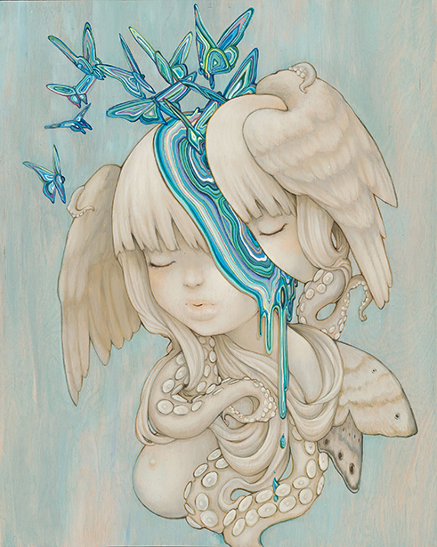 1girl breasts bug butterfly camilla_d&#039;errico closed_eyes colored_skin cross-section dripping feathered_wings head_wings insect long_hair nipples original pale_skin solo suction_cups surreal tentacles thick_lips white_hair white_skin wings
