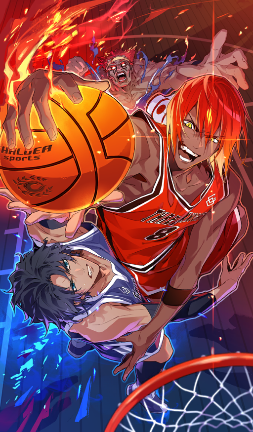 3boys armpits ashwatthama_(buzzer_beater)_(fate) ashwatthama_(fate) ball bare_shoulders bartholomew_roberts_(buzzer_beater)_(fate) bartholomew_roberts_(fate) basketball basketball_(object) basketball_hoop basketball_uniform black_hair blue_tank_top chaldea_logo clenched_teeth collarbone commentary dark-skinned_male dark_skin diffraction_spikes dynamic_pose elbow_sleeve english_text fate/grand_order fate_(series) fire from_above glowing glowing_eyes green_eyes holding holding_ball indoors jersey jumping lu_bu_(fate) male_focus midair multiple_boys muscular muscular_male official_art open_mouth reaching red_hair red_tank_top senzaki_makoto shouting sportswear sweatband tank_top tearing_clothes teeth third-party_source toned toned_male torn_clothes