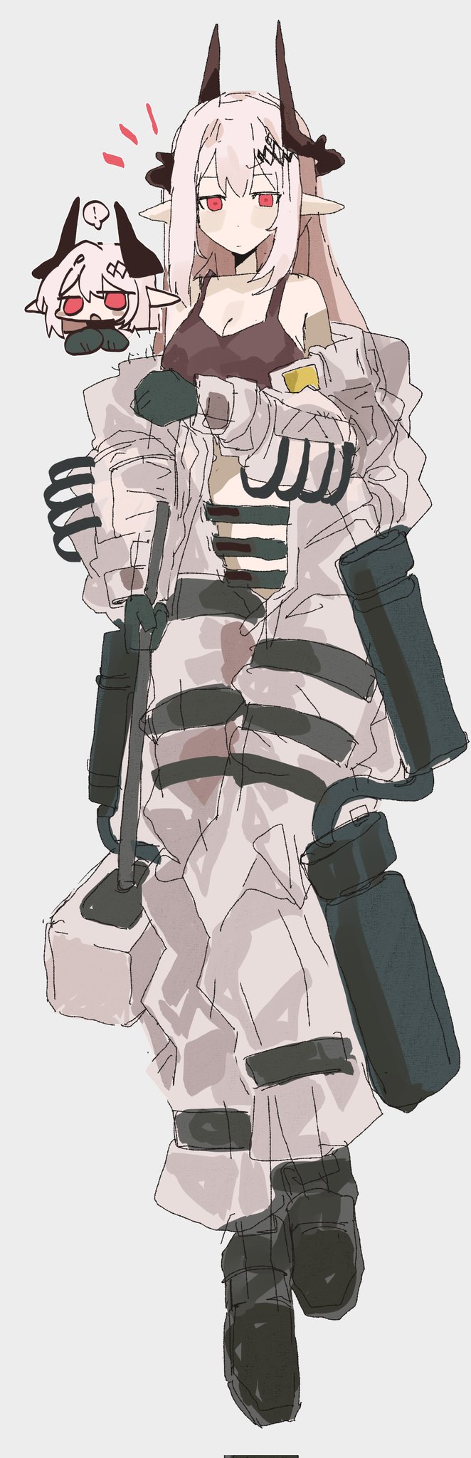 1girl arknights black_boots black_bra black_gloves blush boots bra breasts chibi chibi_inset full_body gloves grey_jumpsuit hammer highres holding holding_hammer horns jumpsuit long_sleeves looking_at_viewer medium_breasts mudrock_(arknights) notice_lines odmised open_jumpsuit pointy_ears red_eyes sidelocks sledgehammer sports_bra underwear white_hair