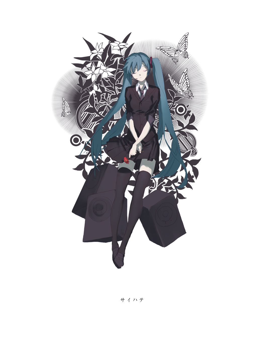 1girl amplifier black_shoes black_skirt black_thighhighs blue_hair bug butterfly cardigan closed_eyes closed_mouth copyright_name female_focus floral_background flower full_body hatsune_miku hatsune_miku_(saihate) headset highres holding holding_flower insect loafers long_hair pleated_skirt red_flower saihate_(vocaloid) shoes simple_background skirt solo song_name spencer_sais standing thighhighs twintails vocaloid white_background zettai_ryouiki