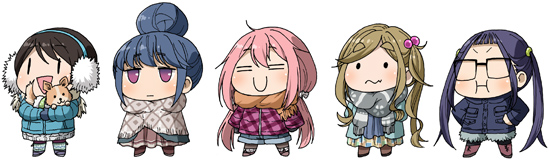 5girls :d :i :| =_= animal bad_source black_hair blonde_hair blue_hair blue_jacket chibi chibi_only closed_mouth commentary_request dog earmuffs glasses grey_scarf hair_bobbles hair_bun hair_ornament holding holding_animal holding_dog inuyama_aoi jacket kagamihara_nadeshiko legs_apart long_hair long_sleeves maso_(ascii_art) multiple_girls no_nose oogaki_chiaki open_mouth orange_scarf pink_eyes pink_hair pink_jacket saitou_ena scarf shima_rin short_hair side_ponytail simple_background single_hair_bun smile solid_circle_eyes standing twintails v-shaped_eyebrows very_long_hair wavy_mouth white_background yurucamp |_|