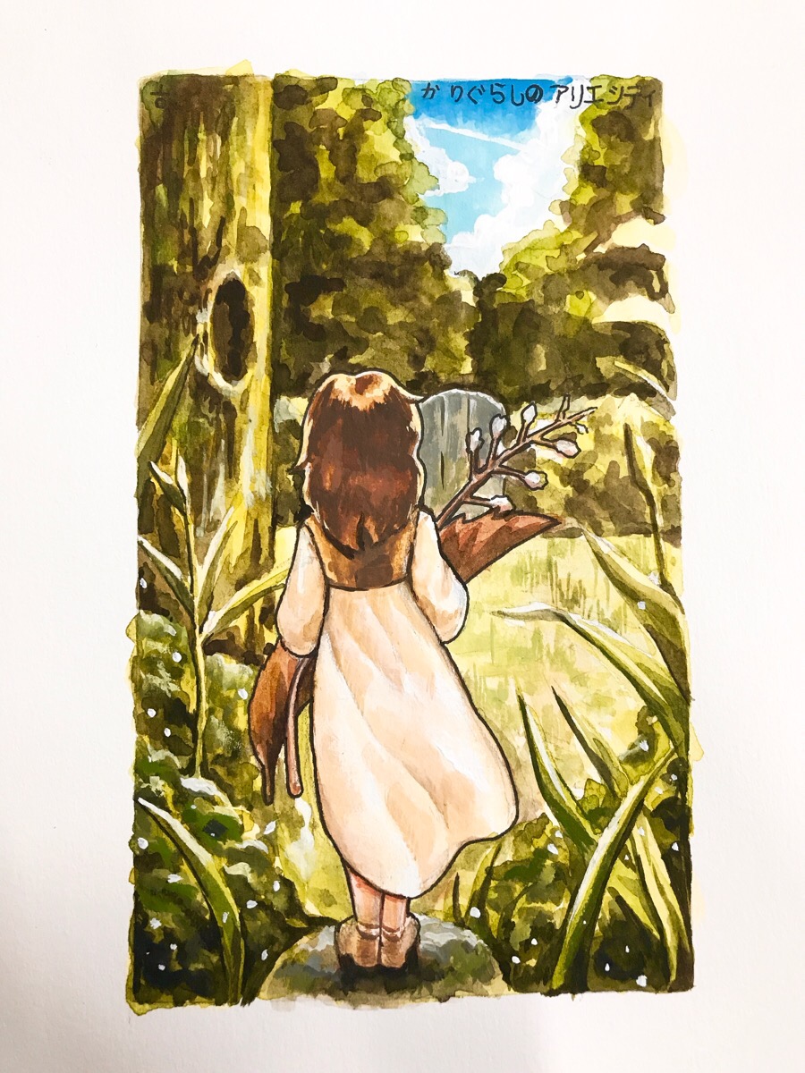 1girl arrietty blue_sky border flower garden h_(7503971) highres holding holding_flower karigurashi_no_arrietty mini_person minigirl outdoors sky solo standing_on_rock tree_hollow white_border