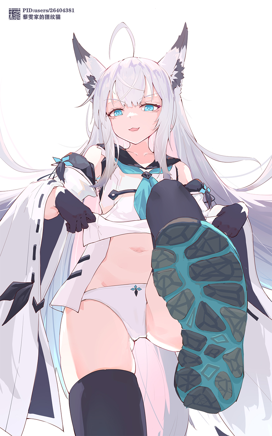1girl animal_ear_fluff animal_ears azur_lane black_gloves black_sailor_collar black_thighhighs blue_eyes blue_neckerchief blue_ribbon bottomless clothes_lift detached_sleeves fox_ears fox_girl gloves highres kawakaze_(azur_lane) liwendala long_hair looking_at_viewer navel neckerchief panties applying_pedicure ribbon ribbon-trimmed_sleeves ribbon_trim sailor_collar shirt_lift shoe_soles shoes smug solo thighhighs underwear white_hair white_panties wide_sleeves
