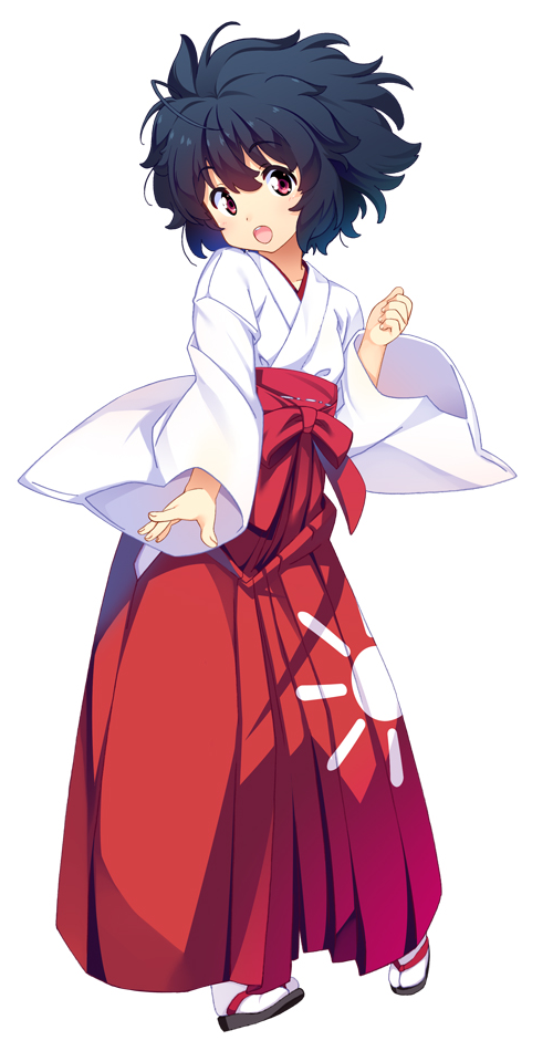 10s 1girl black_hair clenched_hand female_focus full_body garandou_sara hakama hakama_skirt island_(game) japanese_clothes kuuchuu_yousai long_sleeves looking_at_viewer miko official_art open_mouth red_eyes round_teeth sandals short_hair simple_background skirt solo tabi teeth white_background zouri