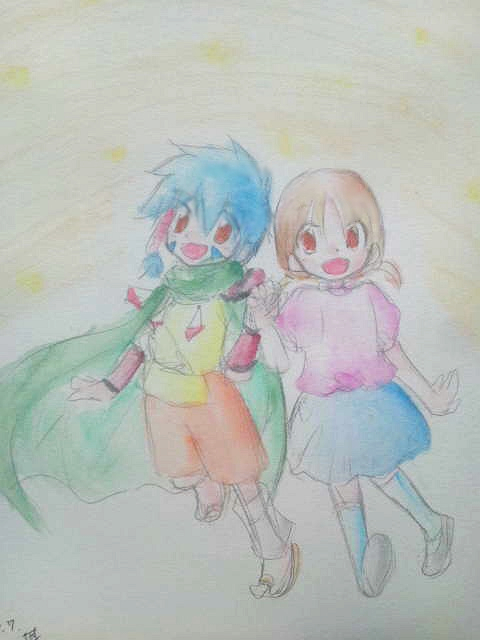 1boy 1girl blue_hair cape daimon_chika digimon happy noguchi_ikuto open_mouth skirt smile