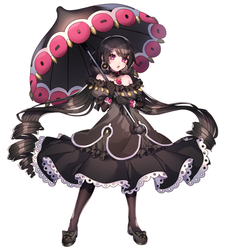 1girl bare_shoulders black_bow black_choker black_dress black_gloves black_hair black_pantyhose black_shoes black_umbrella bow choker claydol dress drill_hair earrings elbow_gloves footwear_bow full_body gen_3_pokemon gloves holding holding_umbrella jewelry katagiri_hachigou legs_apart long_hair nintendo over_shoulder pantyhose parasol personification pink_eyes pokemon puffy_short_sleeves puffy_sleeves redrawn shoes short_sleeves simple_background solo standing umbrella umbrella_over_shoulder very_long_hair white_background