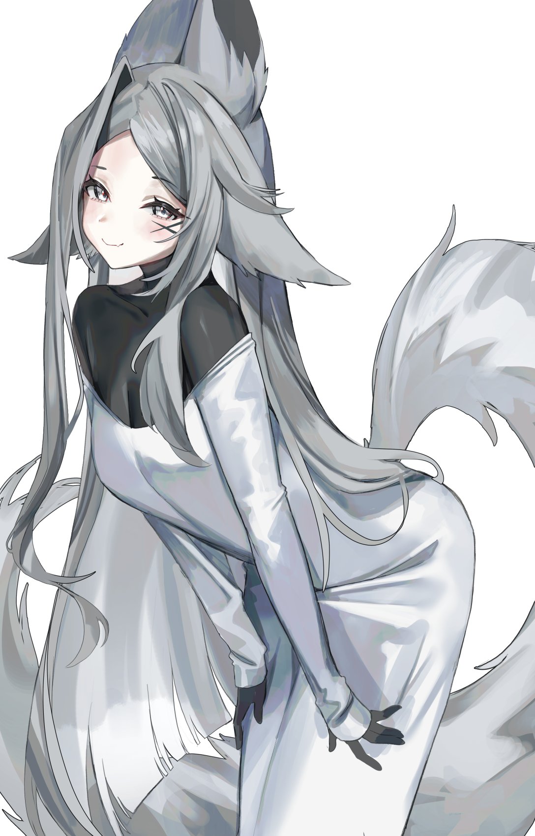 1girl animal_ears black_gloves breasts cleavage closed_mouth dress dyarikku_(vtuber) facial_mark gloves grey_eyes grey_hair highres indie_virtual_youtuber leaning_forward long_hair off_shoulder second-party_source see-through_cleavage see-through_clothes smile solo tail virtual_youtuber white_dress x x_facial_mark yuniiho