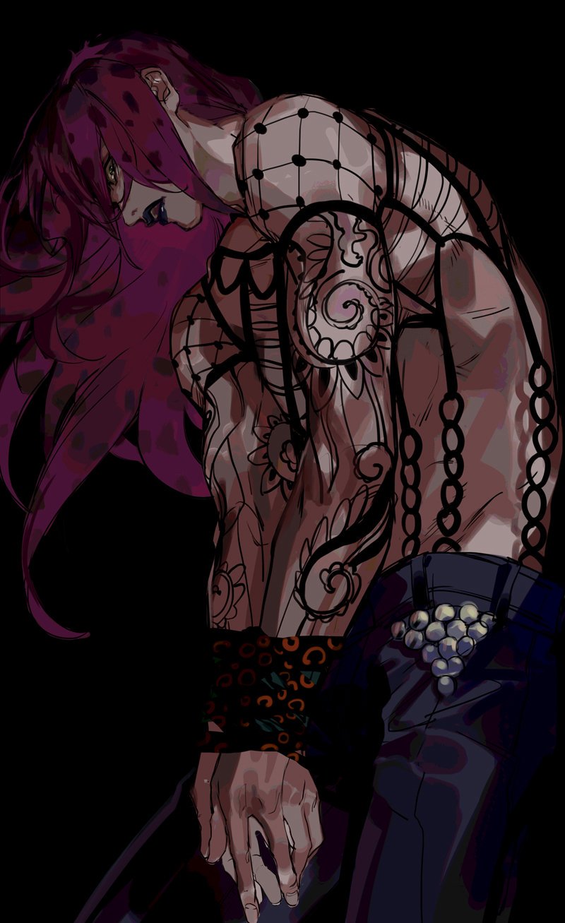 1boy arm_tattoo armband black_background black_lips black_pants chain cropped_legs diavolo fishnet_top fishnets groin hair_over_one_eye highres hunched_over jojo_no_kimyou_na_bouken lipstick looking_at_viewer makeup male_focus midriff nineo one_eye_covered own_hands_together pants patterned_hair purple_hair simple_background solo tattoo tight_clothes tight_pants vento_aureo