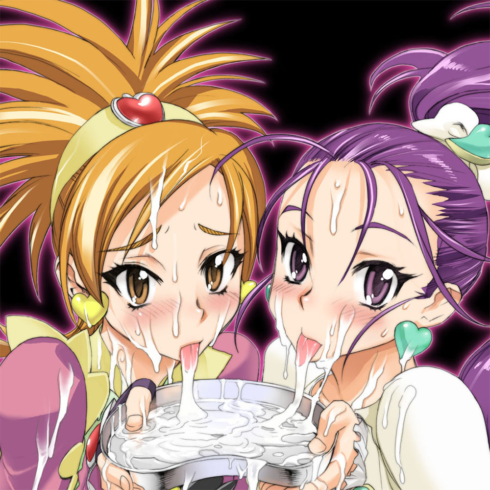 00s 2girls basin blonde_hair blush bowl bukkake cum cum_in_container cum_in_mouth cum_on_body cum_on_tongue cum_pool cum_string cure_bloom cure_egret eyelashes facial futari_wa_precure_splash_star gokkun hair_held_back holding holding_bowl hyuuga_saki magical_girl mishou_mai multiple_girls plate precure purple_hair ribbon satou_shouji tongue tray