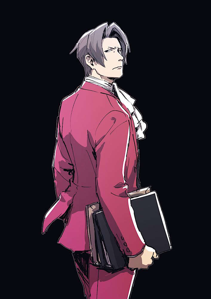1boy ace_attorney ascot black_background closed_mouth commentary_request folder formal_clothes from_behind frown grey_eyes grey_hair hair_intakes holding holding_folder jacket long_sleeves looking_at_viewer looking_back male_focus miles_edgeworth pants red_jacket red_pants red_suit short_hair simple_background solo standing suit taba_(tb_gya)