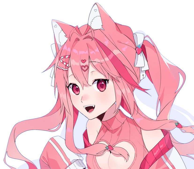 1girl ahoge animal_ear_fluff animal_ears fluff fluffy food-themed_hair_ornament fox_ears fox_girl hair_ornament indie_virtual_youtuber kazu_(kazu210) kireina_(osiimi) open_mouth pink_eyes pink_hair second-party_source sleeveless sleeveless_sweater solo strawberry_hair_ornament sweater twintails virtual_youtuber