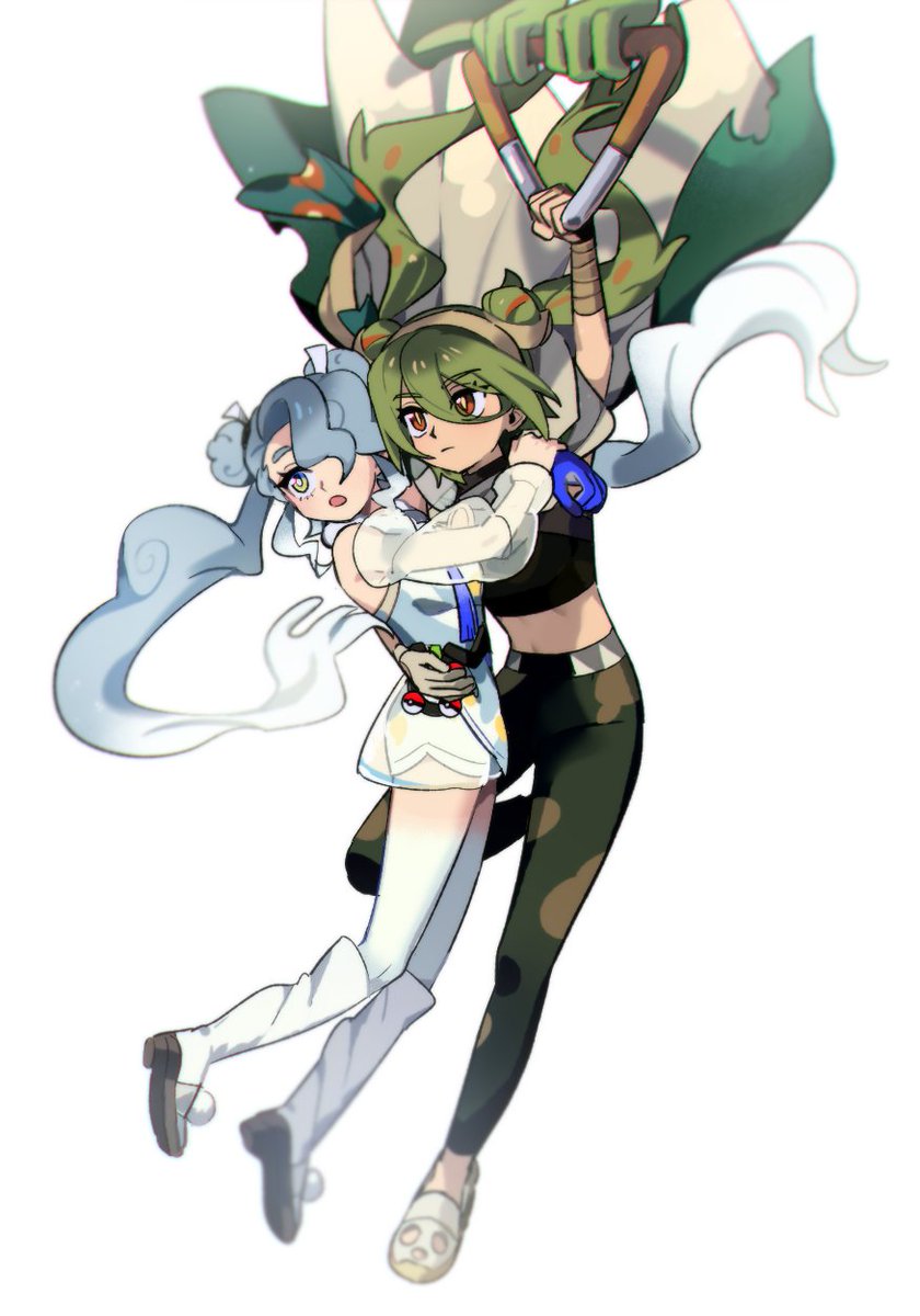 1brad 2girls :o black_shirt bright_pupils brown_eyes closed_mouth commentary_request detached_sleeves expressionless floating_hair flying_miku_(project_voltage) gloves green_hair green_pants grey_hair ground_miku_(project_voltage) hair_over_one_eye hand_on_another&#039;s_shoulder hatsune_miku highres holding holster korean_commentary long_hair midriff multiple_girls nintendo open_mouth pants poke_ball poke_ball_(basic) pokemon project_voltage sandals shirt shoes socks twintails vocaloid white_background white_socks