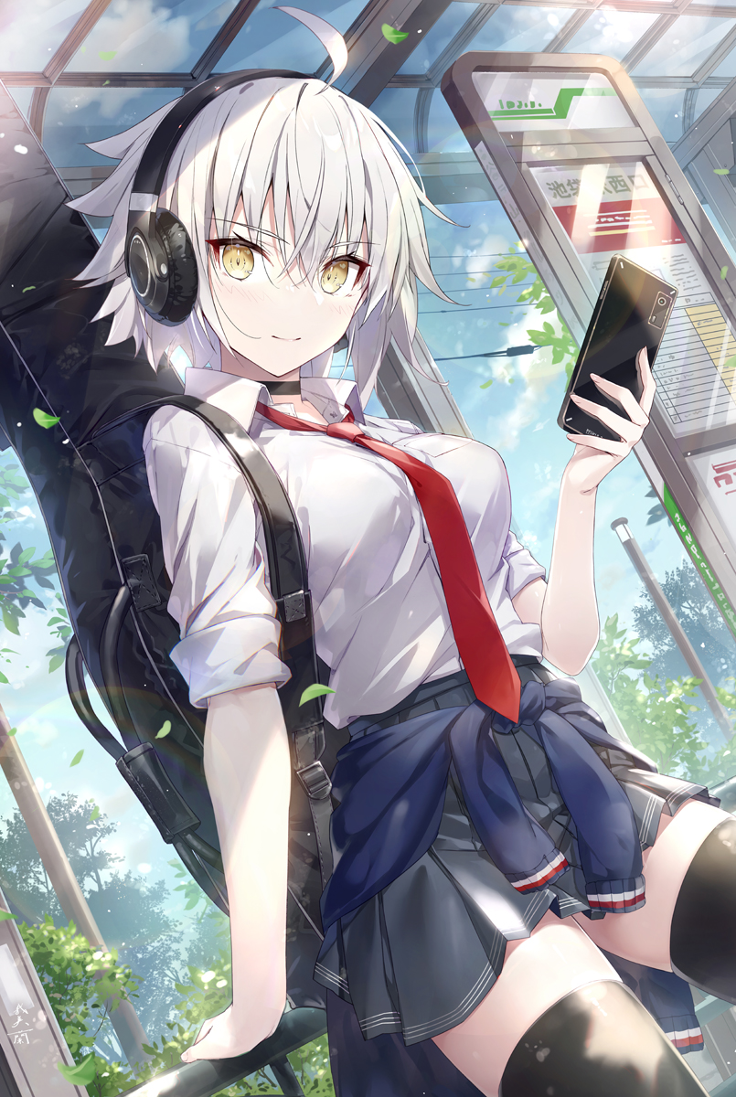 1girl casual fate/grand_order fate_(series) gabiran highres jeanne_d&#039;arc_alter_(fate) looking_at_viewer necktie shirt short_hair solo standing white_hair white_shirt yellow_eyes