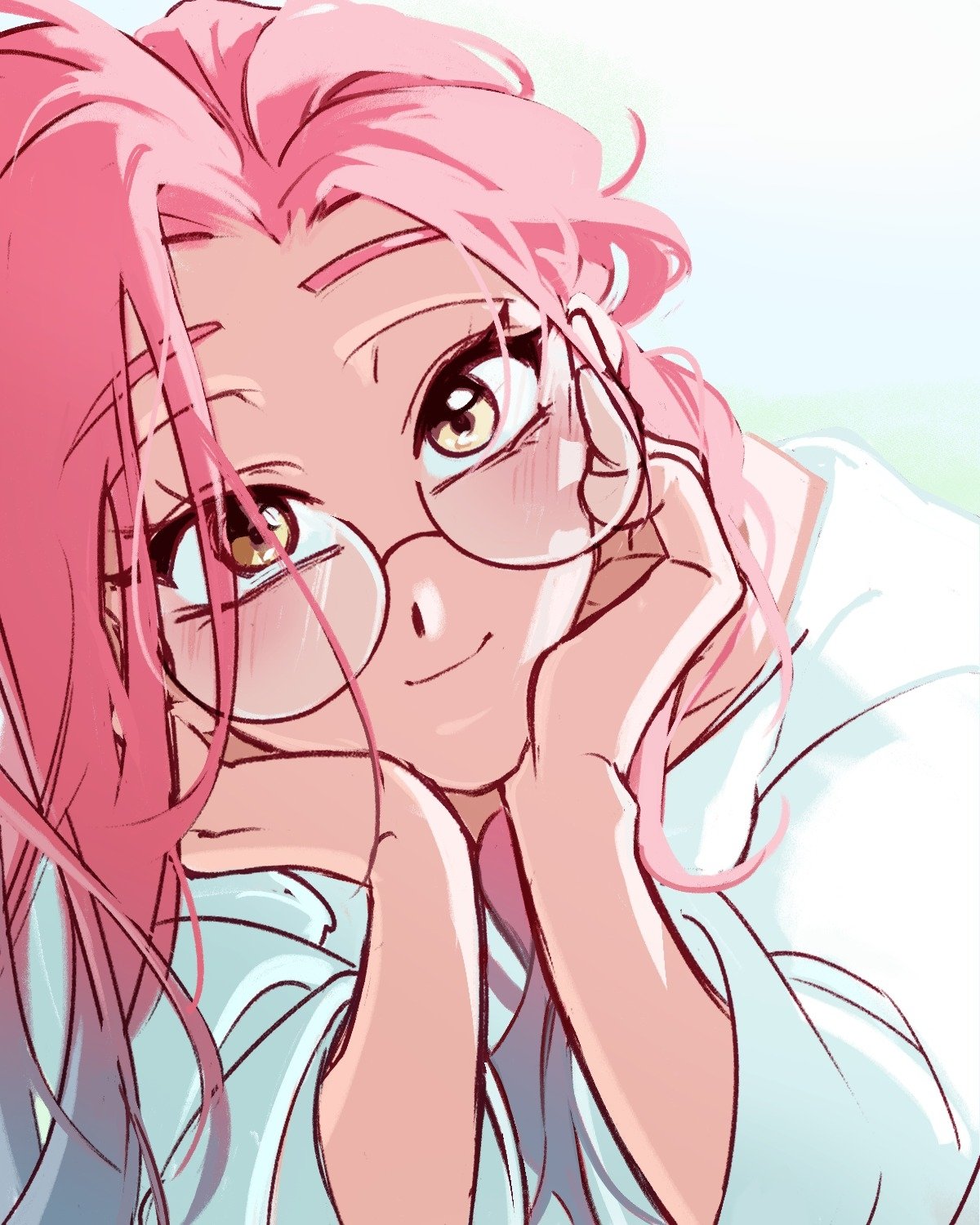 1girl alien_stage brown_eyes closed_mouth commentary dress english_commentary glasses head_on_hands highres kuradrawings long_hair mizi_(alien_stage) pink_hair portrait round_eyewear smile solo white_dress