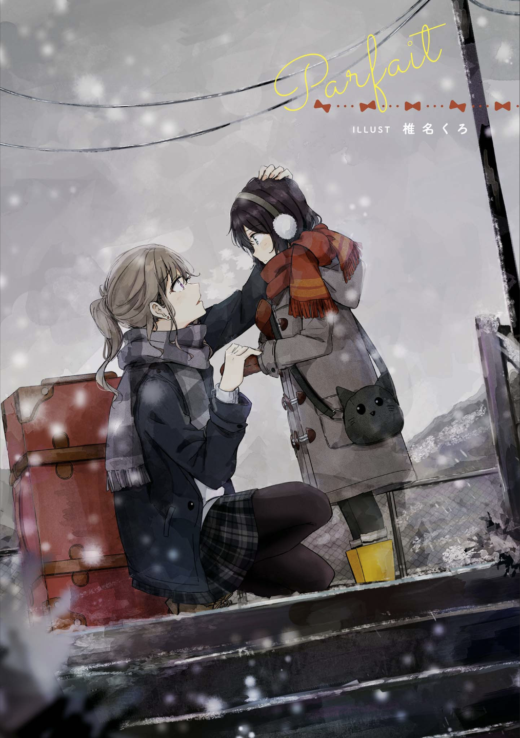 2girls age_difference animal_bag black_hair boots brown_hair cat_bag coat duffel_coat earmuffs grey_coat grey_scarf headpat highres long_hair multiple_girls muted_color non-web_source onee-loli original outdoors pantyhose ponytail red_scarf scarf shiina_kuro snow snowing squatting stairs toggles winter yellow_boots yuri