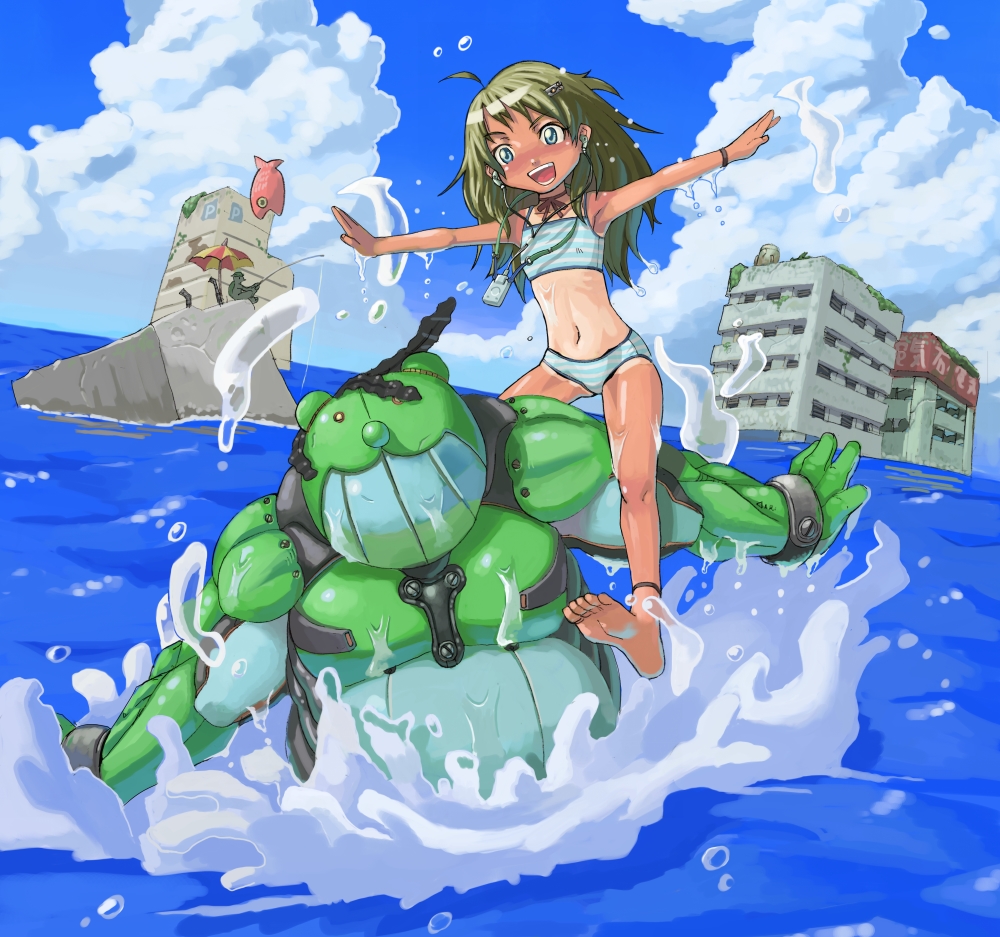 1girl 310 bikini blue_eyes cloud day female_focus original ruins solo striped_bikini striped_clothes swimsuit