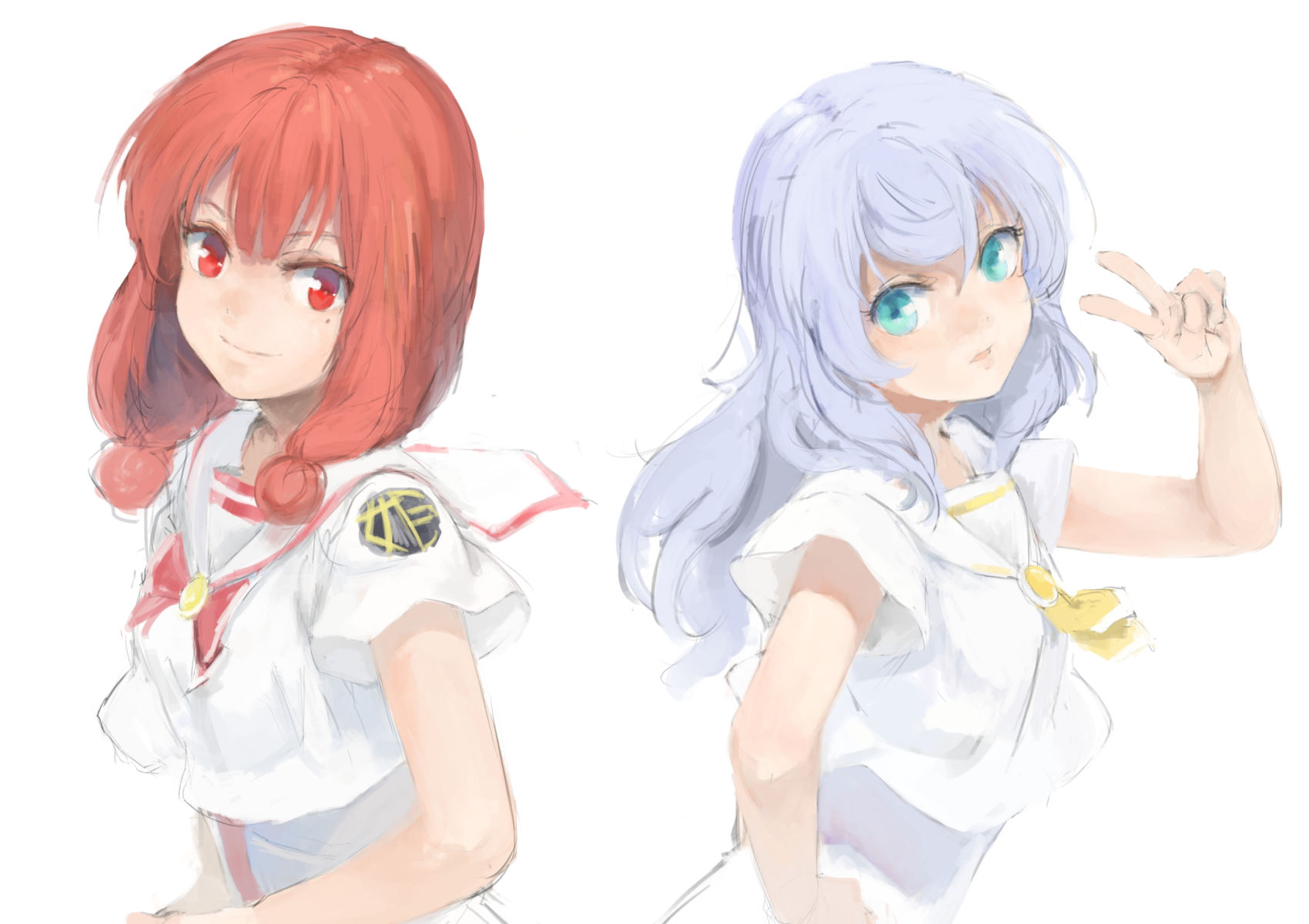 00s 2girls anya_dostoyevskaya aria_(manga) azusa_mclaren blouse blue_eyes blue_hair highres himeya_company_uniform kuroko_(piii) mole mole_under_eye multiple_girls no_headwear orange_planet_uniform red_eyes red_hair shirt short_hair simple_background smile v white_background white_shirt