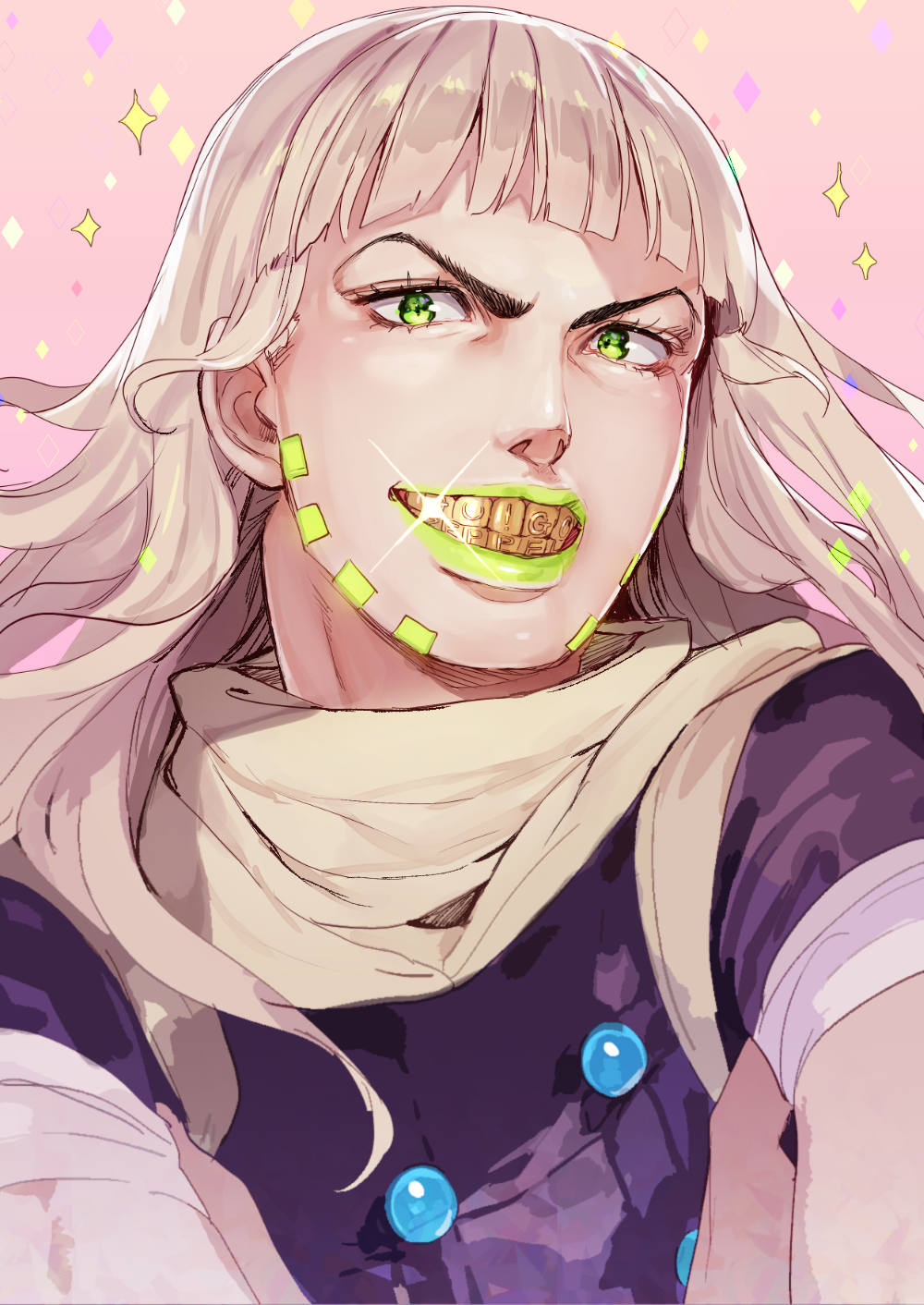 1boy alternate_hairstyle blunt_bangs brown_hair colored_teeth dvqjo green_eyes green_lips grills grin gyro_zeppeli highres jojo_no_kimyou_na_bouken lipstick makeup male_focus smile solo sparkle steel_ball_run yellow_teeth