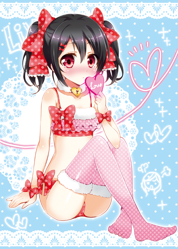 10s 1girl bikini black_hair blush bow female_focus fur-trimmed_bikini fur-trimmed_legwear fur_trim heart looking_at_viewer love_live! love_live!_school_idol_project polka_dot polka_dot_bikini polka_dot_bow polka_dot_legwear polka_dot_swimsuit red_eyes ribbon sakurai_makoto_(custom_size) short_hair sitting solo swimsuit thighhighs twintails wrist_ribbon yazawa_nico