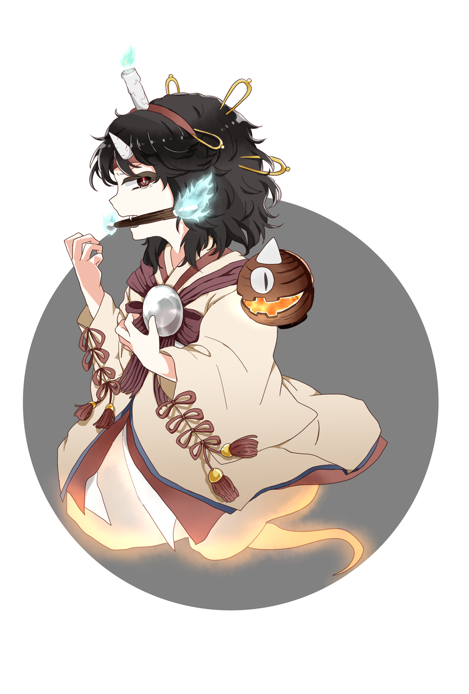 1other androgynous black_hair blue_fire bow brown_kimono burabura candle_on_head circle fangs fire from_side full_body ghost_tail hair_ornament hairband hairpin headband highres horns japanese_clothes kijipoko kimono len&#039;en long_sleeves looking_at_viewer medium_hair mouth_guard multiple_hairpins orb other_focus red_bow red_eyes red_hairband red_headband red_ribbon ribbon sleeve_ribbon small_horns solo striped_bow taira_no_chouki tassel waist_bow white_background white_horns wide_sleeves