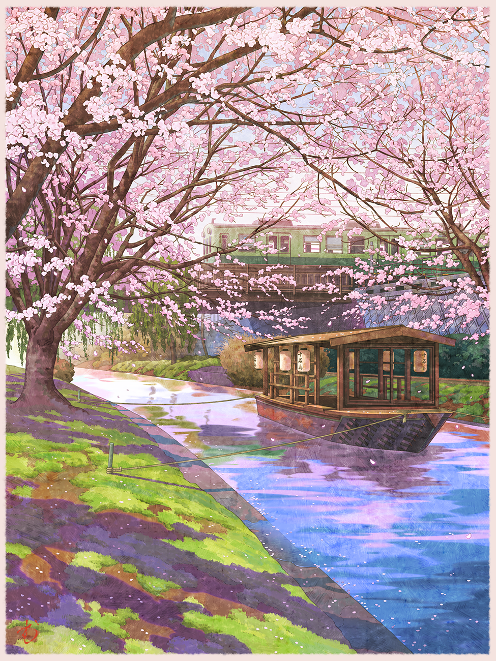 boat border bridge bush canal cherry_blossoms commentary_request day fading_border falling_petals grass highres kyoto lantern mugumo_24k nature no_humans original outdoors overhead_line paper_lantern petals petals_on_liquid real_world_location reflection reflective_water retaining_wall river riverbank rope scenery signature spring_(season) train tree water watercraft willow