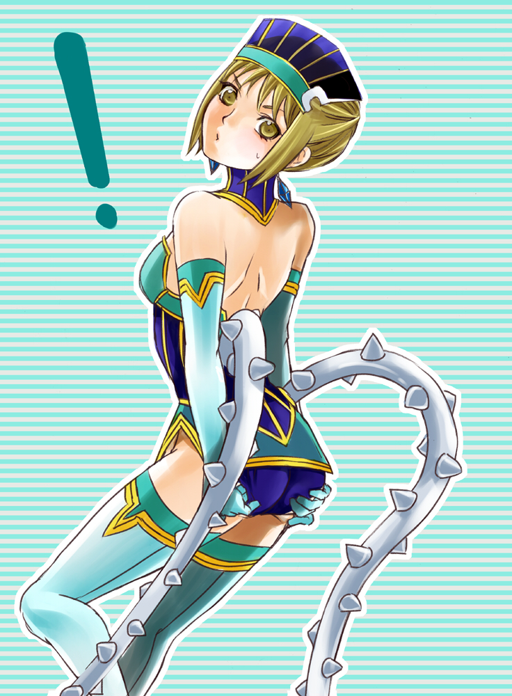 1girl ass backless_outfit bare_shoulders blonde_hair blue_rose_(tiger_&amp;_bunny) blue_rose_(tiger_&amp;_bunny)_(cosplay) cosplay earrings elbow_gloves female_focus gloves huang_pao-lin jewelry short_hair solo superhero_costume thighhighs tiger_&amp;_bunny toyu yellow_eyes