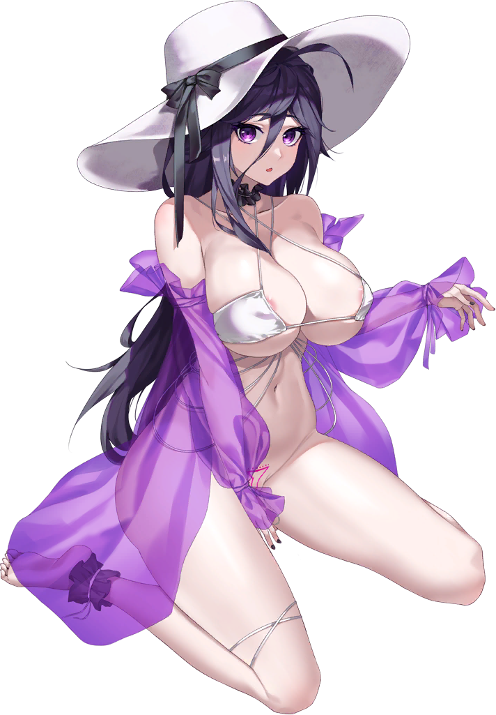 1girl ahoge ankleband areola_slip bare_shoulders barefoot between_breasts bikini bikini_top_only black_choker black_nails black_ribbon breasts choker cleavage collarbone covering_crotch covering_privates criss-cross_halter d-log frilled_choker frilled_shawl frills full_body hair_between_eyes halterneck hat hat_ribbon hela_(last_origin) large_breasts last_origin linea_alba long_hair looking_at_viewer messy_hair nail_polish navel official_alternate_costume official_art open_mouth pubic_tattoo purple_eyes purple_hair purple_shawl ribbon see-through_clothes see-through_shawl shawl simple_background sitting string_bikini sun_hat swimsuit tachi-e tattoo thigh_strap third-party_source transparent_background wariza white_bikini white_headwear