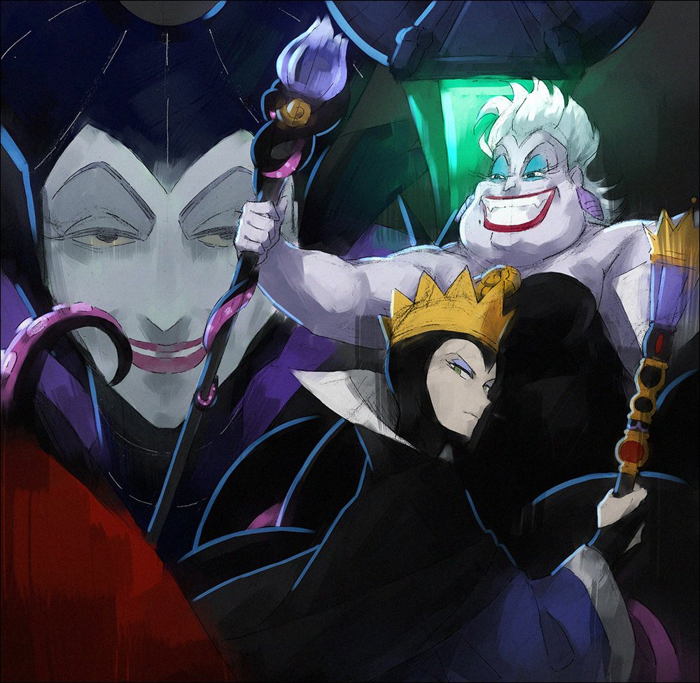 3girls armpits bare_shoulders bridal_gauntlets cape colored_skin crown disney earrings eyelashes eyeshadow fangs grin hakusai_(tiahszld) high_collar horns jewelry lipstick makeup maleficent mole mole_under_mouth monster_girl multiple_girls parted_lips purple_skin queen_(snow_white) shell shell_earrings short_hair sleeping_beauty smile snow_white_and_the_seven_dwarfs staff tentacles the_little_mermaid_(disney) ursula_(disney) white_hair
