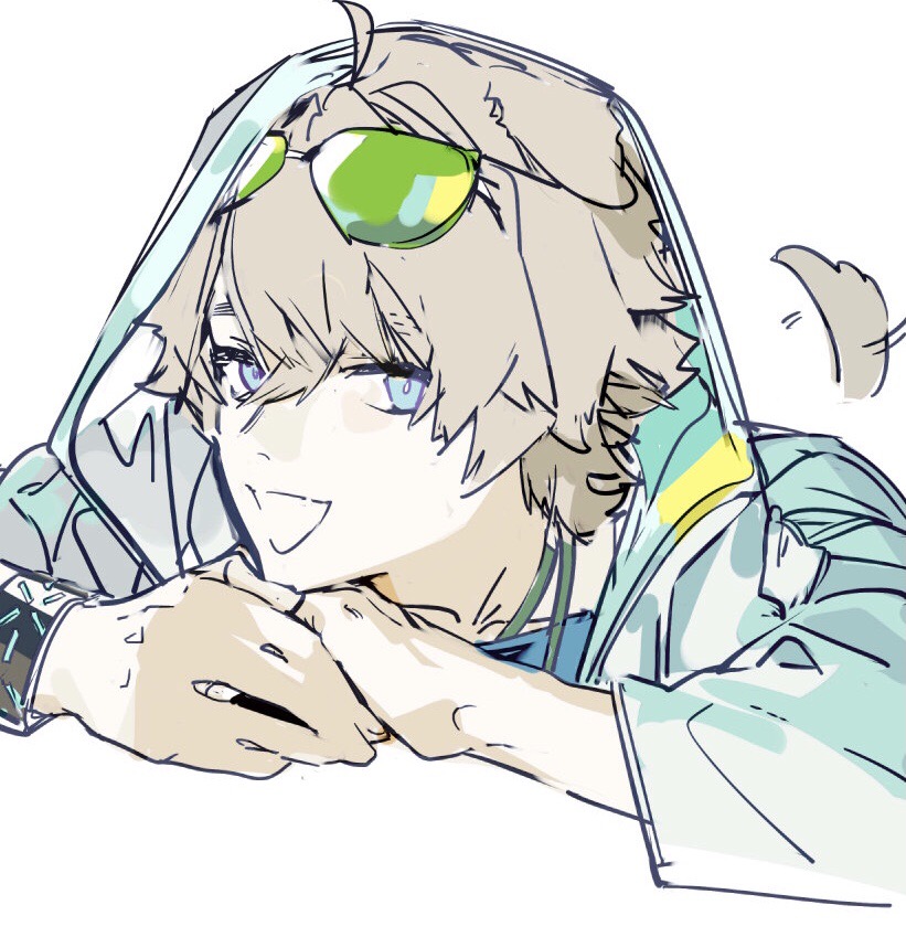 1boy :d ahoge animal_ears aqua_jacket arknights blue_eyes blue_shirt dog_boy dog_ears dog_tail green-tinted_eyewear hood hood_up hooded_jacket infection_monitor_(arknights) jacket looking_at_viewer lying male_focus nineo on_stomach open_mouth own_hands_together shirt short_hair simple_background sketch smile solo sunglasses tail tequila_(arknights) tinted_eyewear white_background